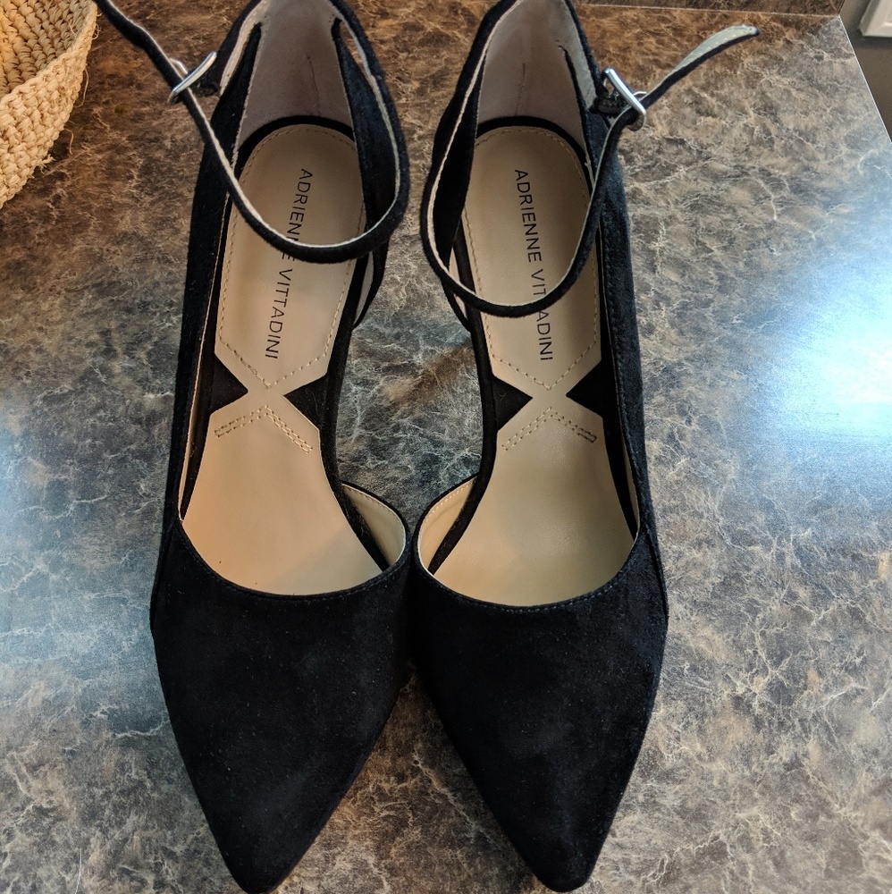 Black suede 3.5 inch pumps with ankle strap
